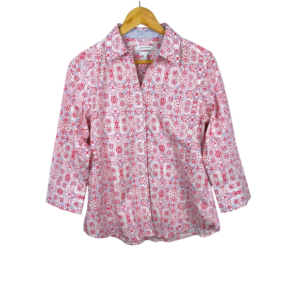 Foxcroft Women Easy Care Button Down ¾ Flip Cuff Sleeve Shirt Sz M Office Preppy